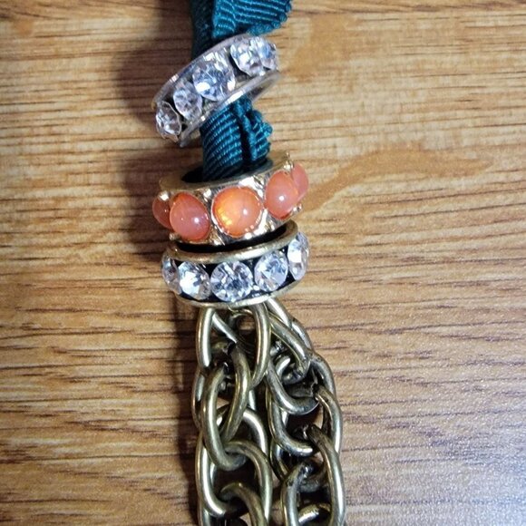 Very Unique Brass Chain Necklace with Teal Ribbon And Beattle Pendent - Picture 3 of 5